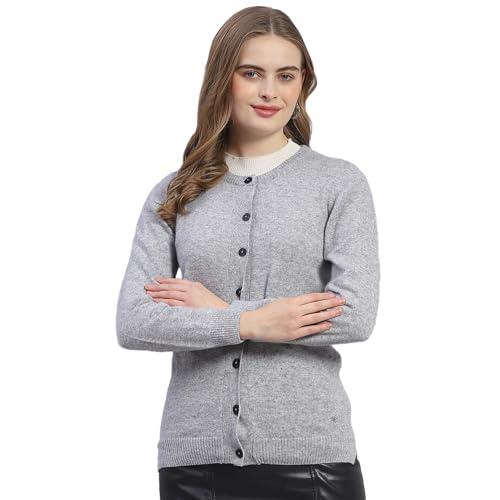 monte carlo womens grey solid round neck full sleeve wool blend cardigan sweater (1230731rn-2321-38)