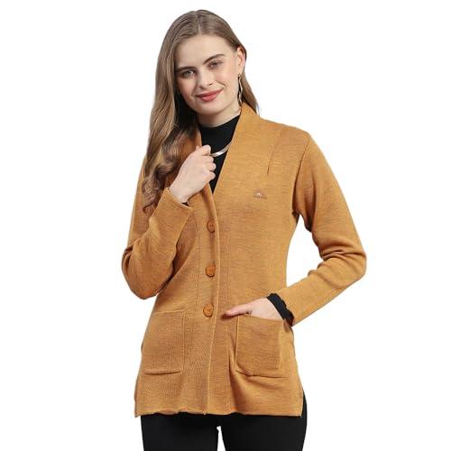 monte carlo womens mustard solid v neck full sleeve wool cardigan sweater (1232220vn-2405-40)