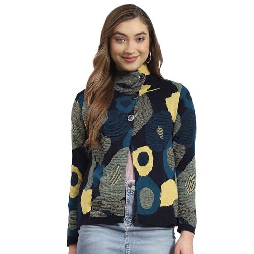 monte carlo womens navy blue self design high neck full sleeve wool blend cardigan sweater (1239799rn-1-38)