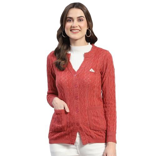 monte carlo womens peach self design v neck full sleeve wool blend cardigan sweater (1239530vn-1111-38)