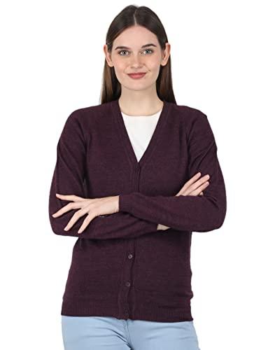 monte carlo womens pure wool maroon solid v neck cardigan