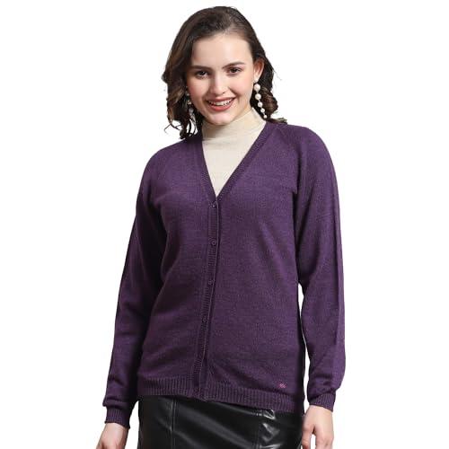 monte carlo womens purple solid v neck full sleeve wool cardigan sweater (1230710vn-2452-38)