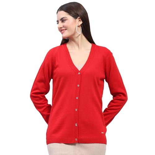 monte carlo womens red solid v neck full sleeve wool blend cardigan sweater (1230527vn-1090-44)