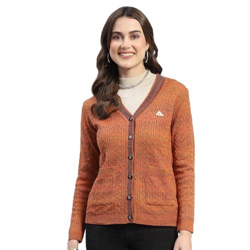 monte carlo womens rust self design v neck full sleeve wool blend cardigan sweater (1239628vn-2-38)