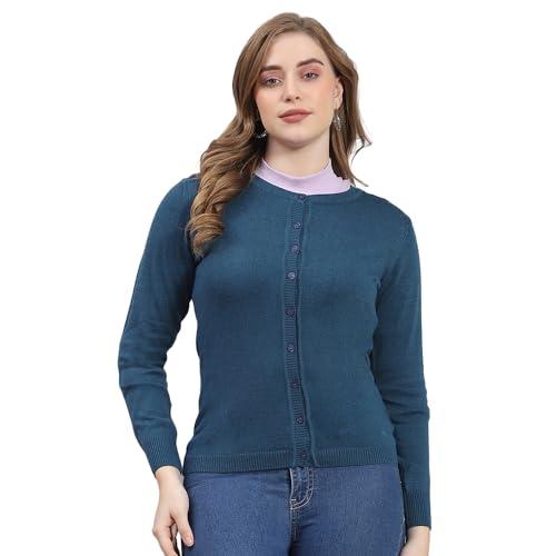 monte carlo womens teal solid round neck full sleeve modal nylon cardigan sweater (1232741rn-9089-44)