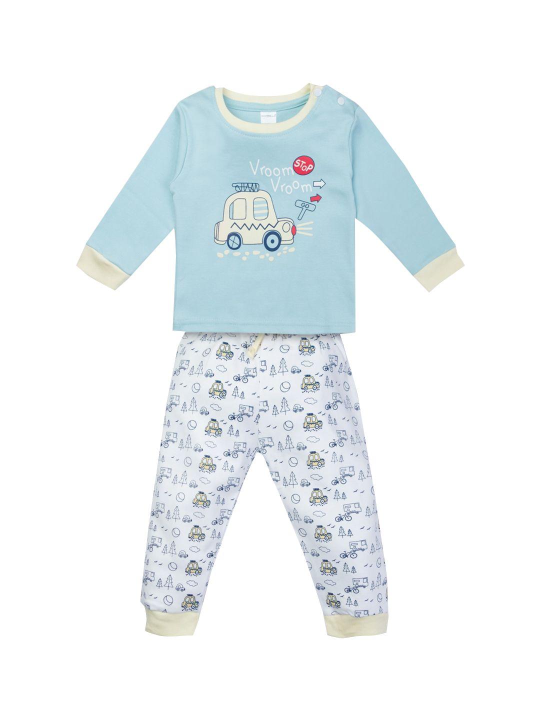 montello infants blue & white printed pure cotton night suit