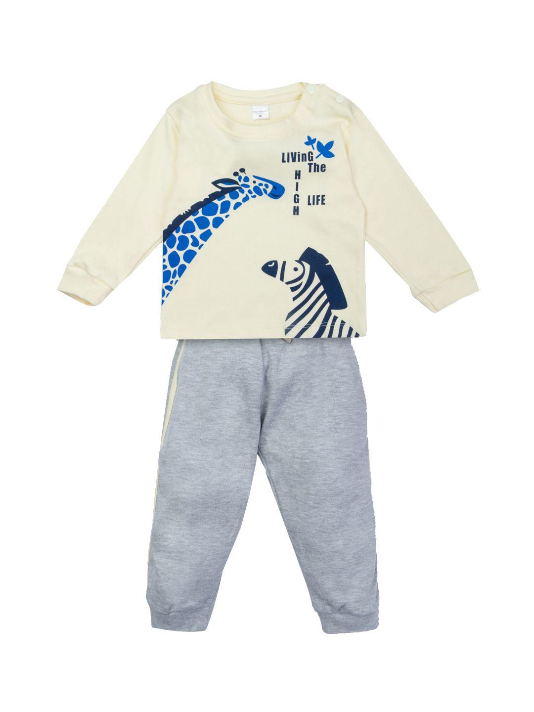 montello kids beige & grey printed pure cotton night suit