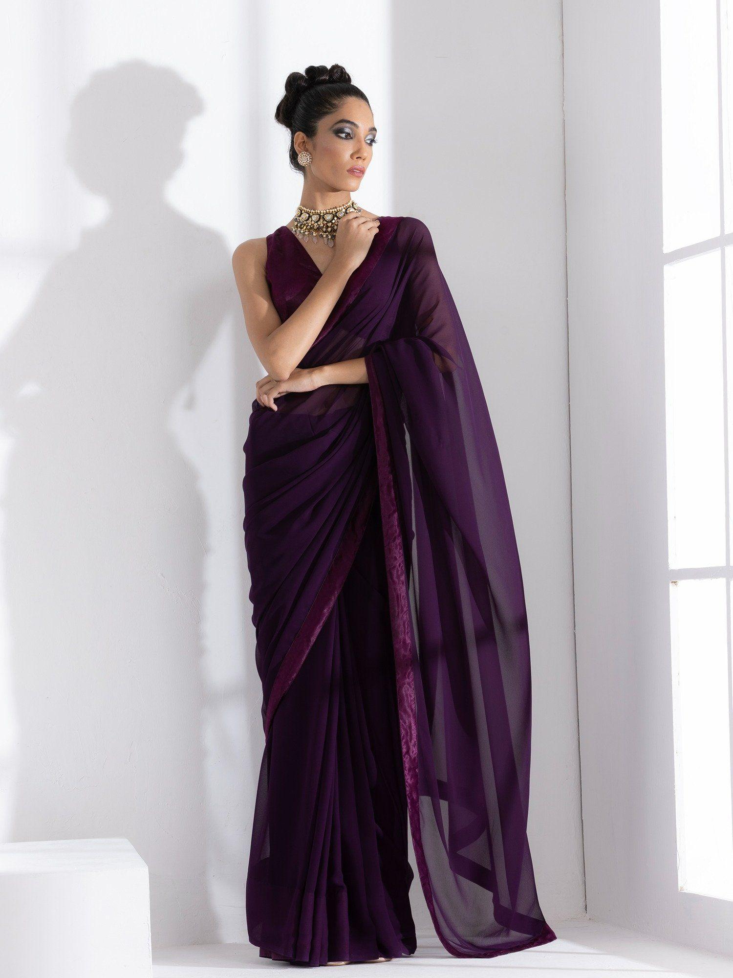 mood voilet georgette saree with unstitched blouse