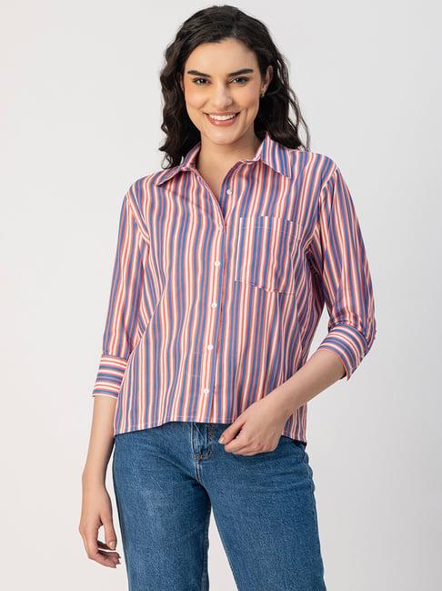 moomaya blue & orange cotton striped shirt