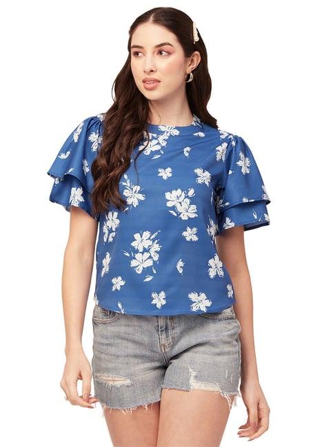 moomaya blue & white floral print top