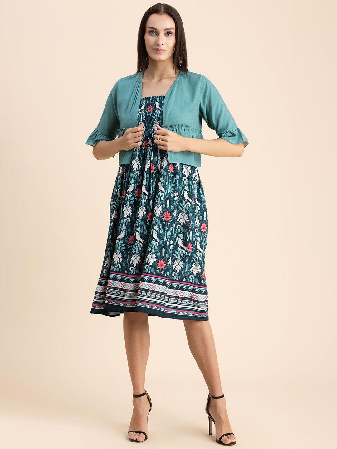 moomaya ethnic motifs print smocked fit & flare dress with shrug