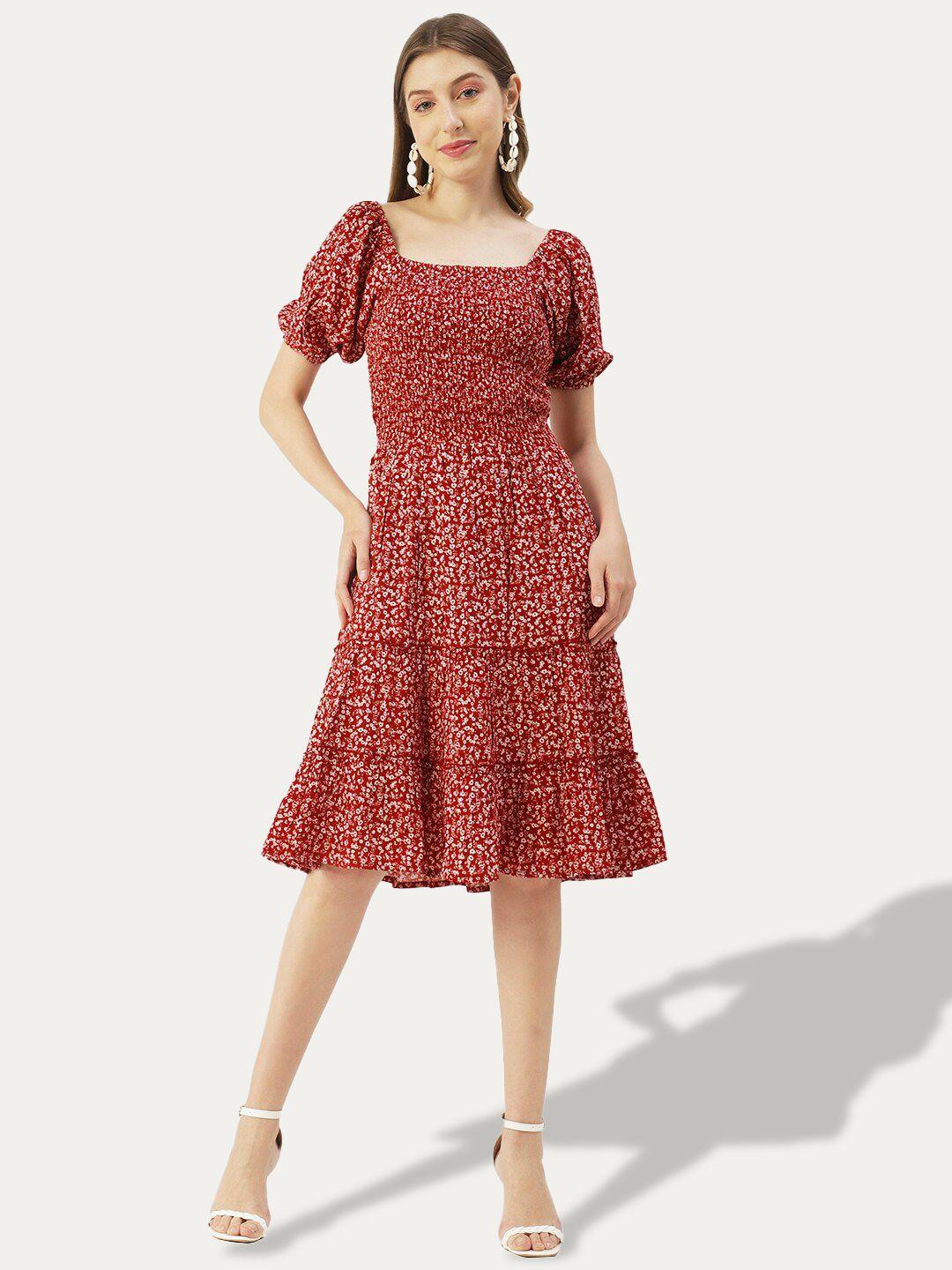moomaya floral print puff sleeve tiered smocking technique fit & flare dress
