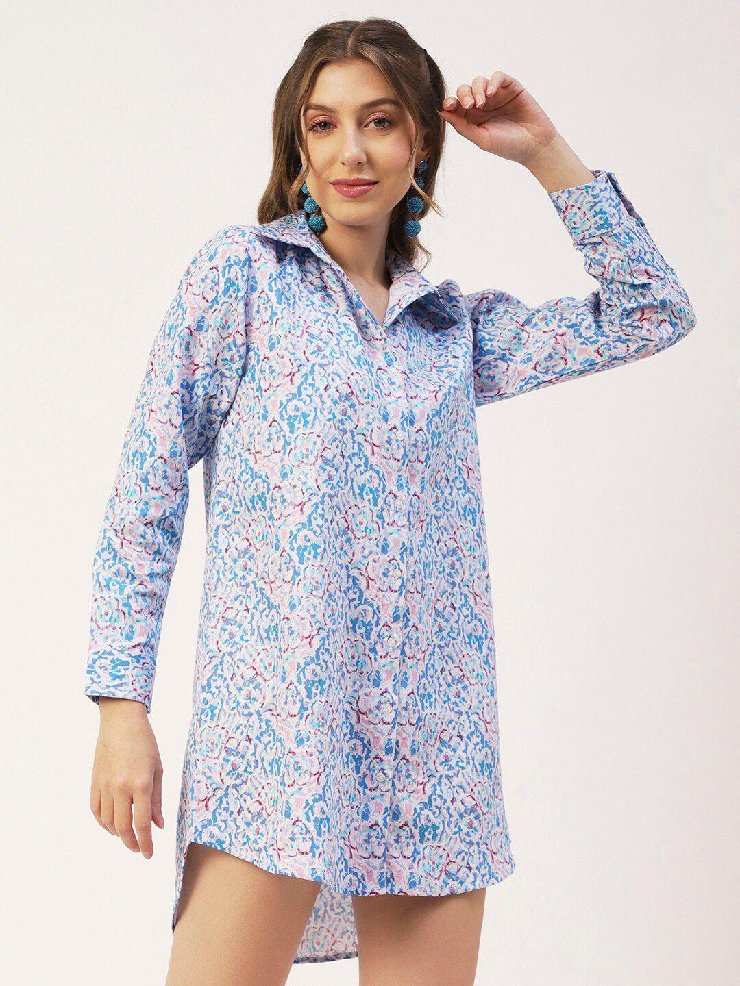 moomaya floral printed high-low hem mini shirt dress