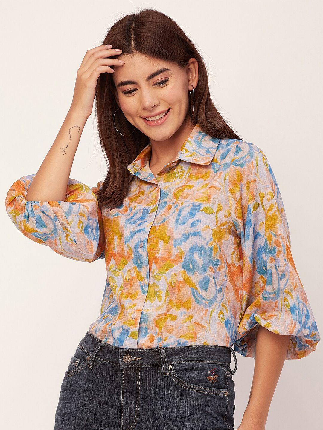 moomaya floral printed spread collar puff sleeves casual shirt