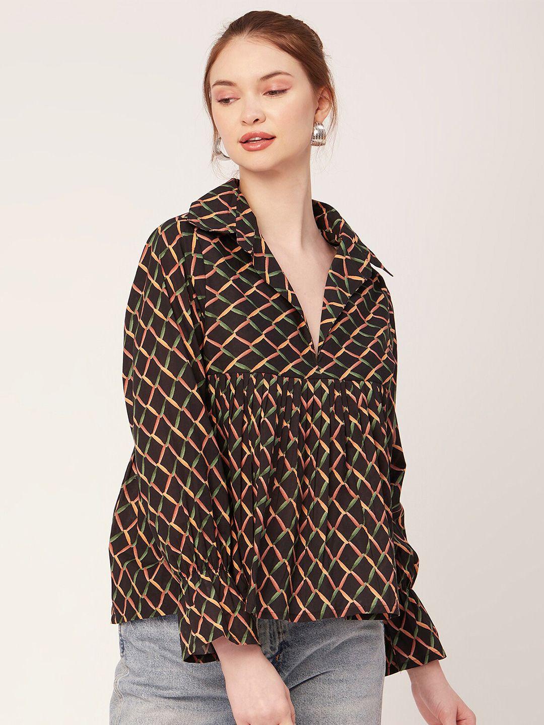 moomaya geometric printed shirt collar bell sleeves a-line cotton top