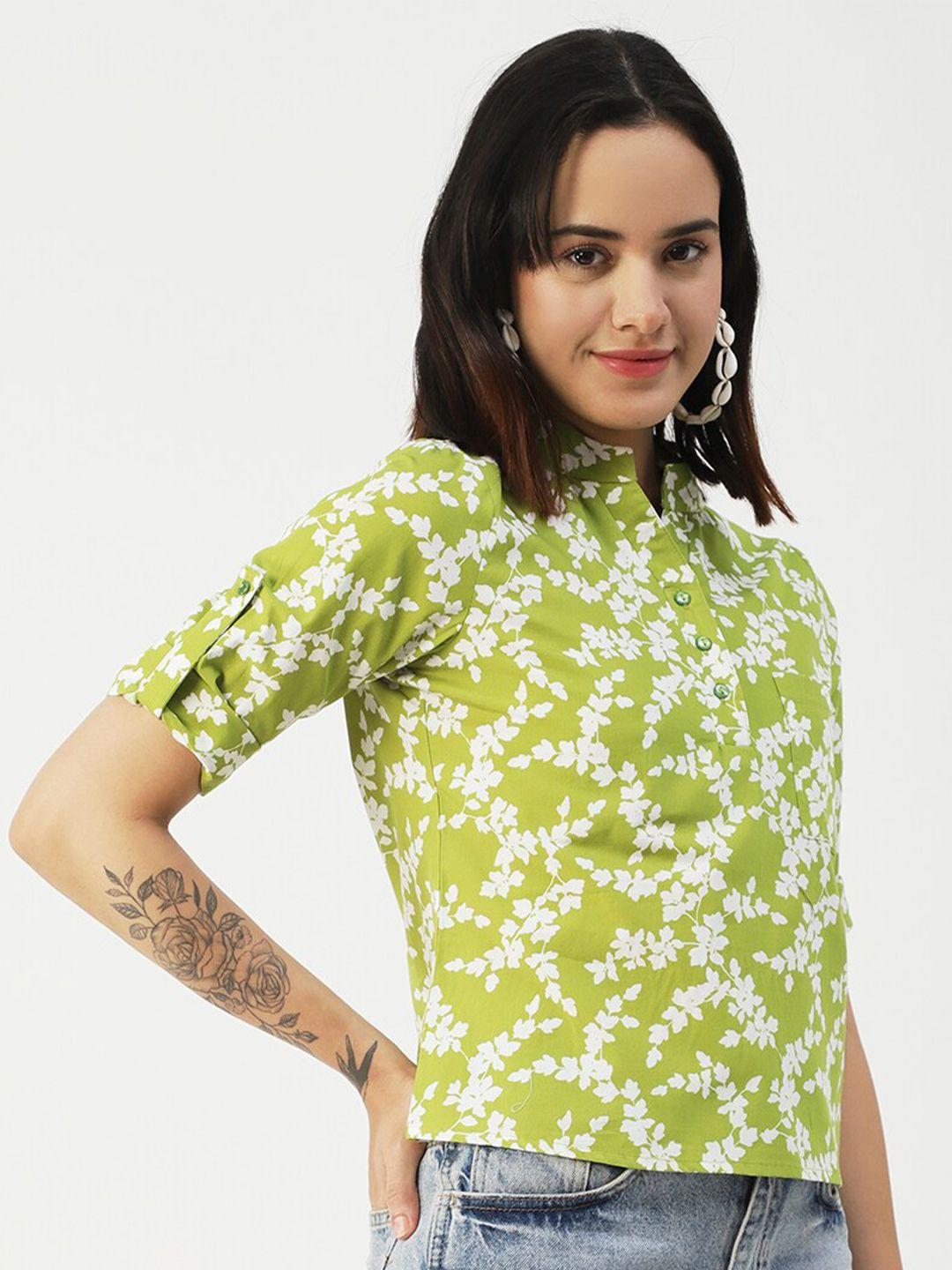 moomaya green floral print roll-up sleeves cotton shirt style top
