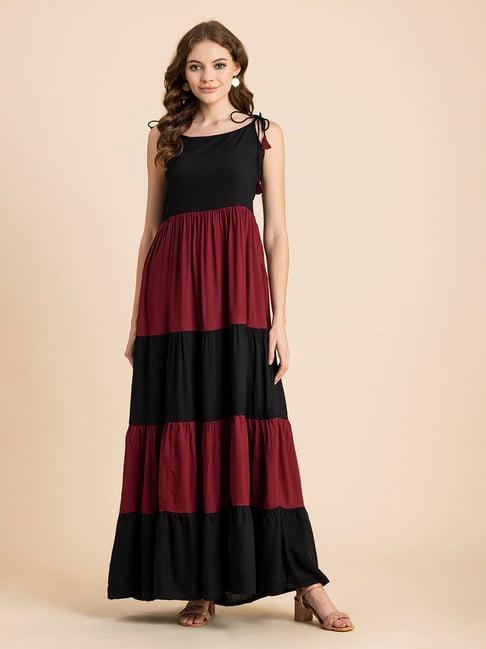 moomaya maroon & black color-block maxi dress