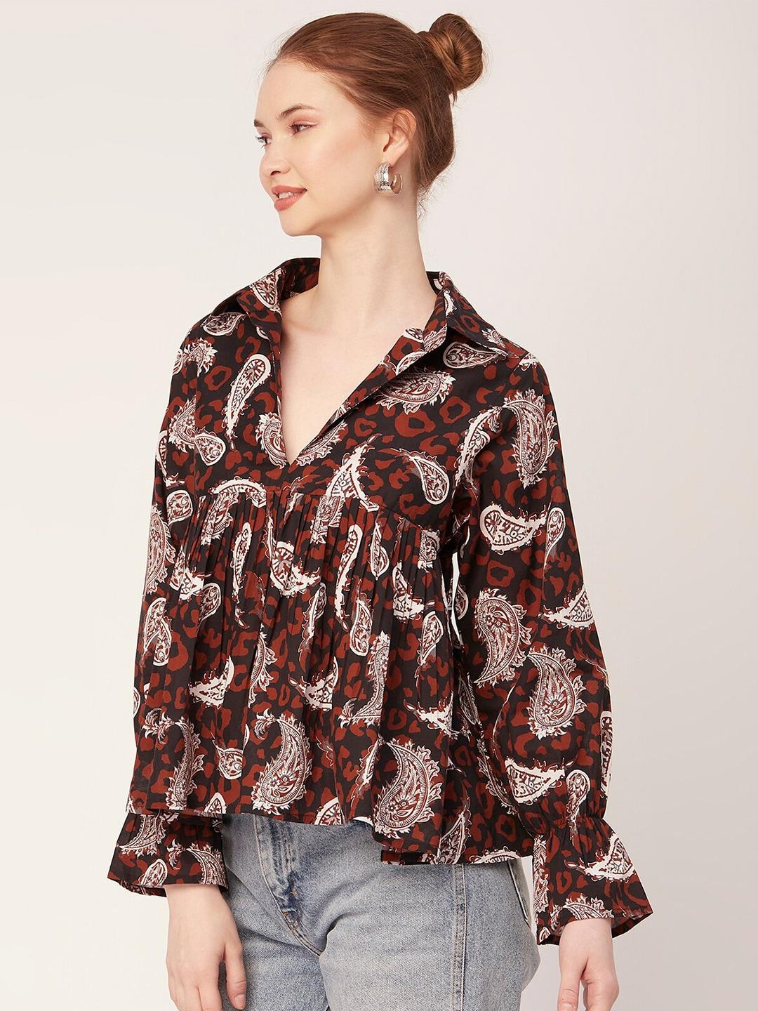 moomaya paisley printed shirt collar bell sleeves a-line cotton top