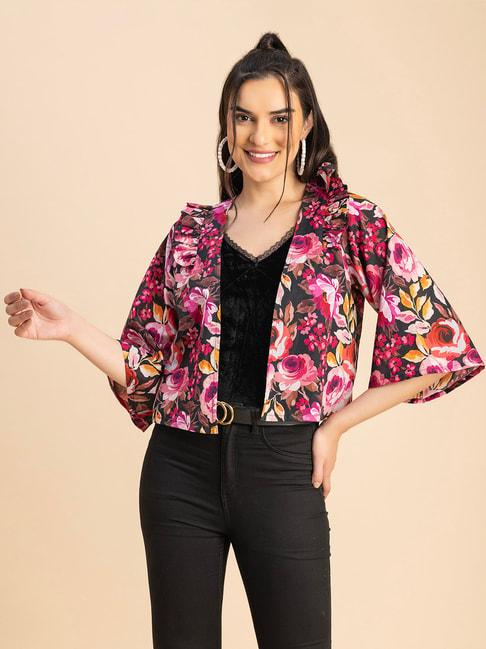 moomaya pink & black cotton floral print jacket