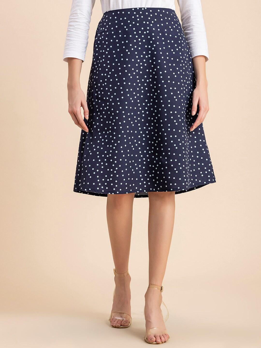 moomaya polka dot printed crepe a-line midi length skirt