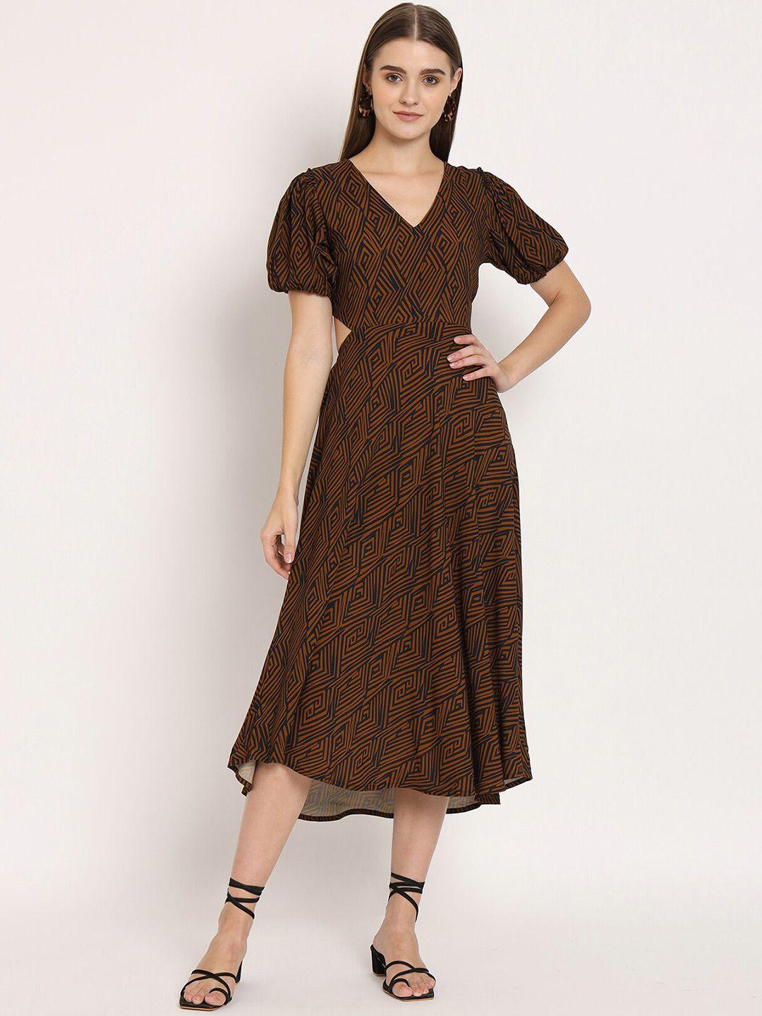 moomaya rust print flared sleeve fit & flare midi dress