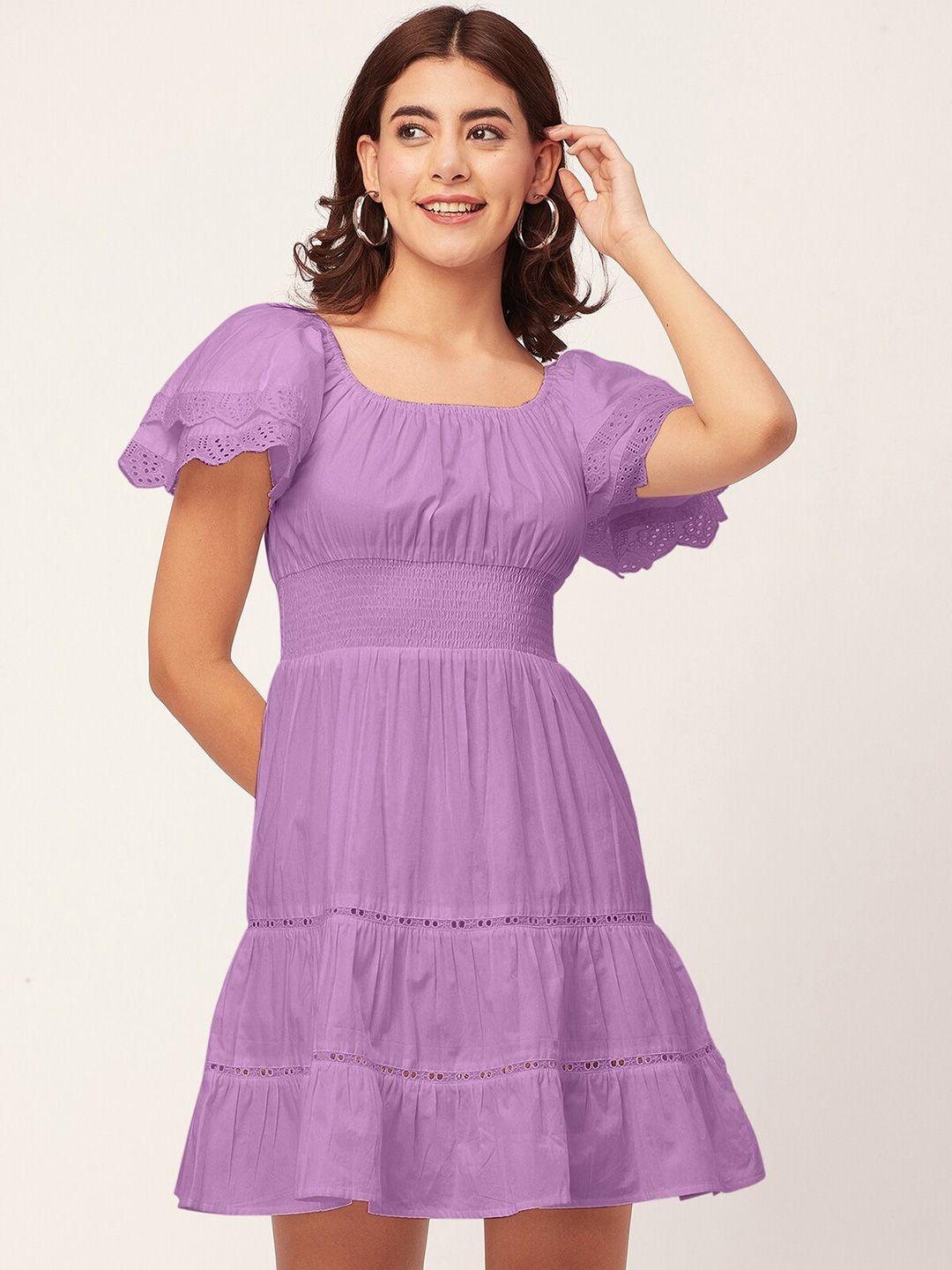 moomaya square neck flared sleeves smocked tiered cotton fit & flare dress