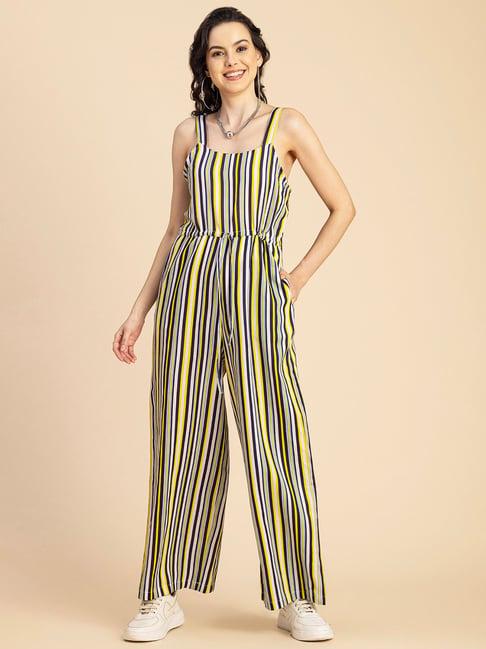 moomaya white & navy cotton blend striped jumpsuit
