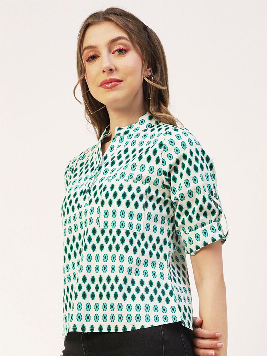 moomaya white geometric print roll-up sleeves cotton shirt style top