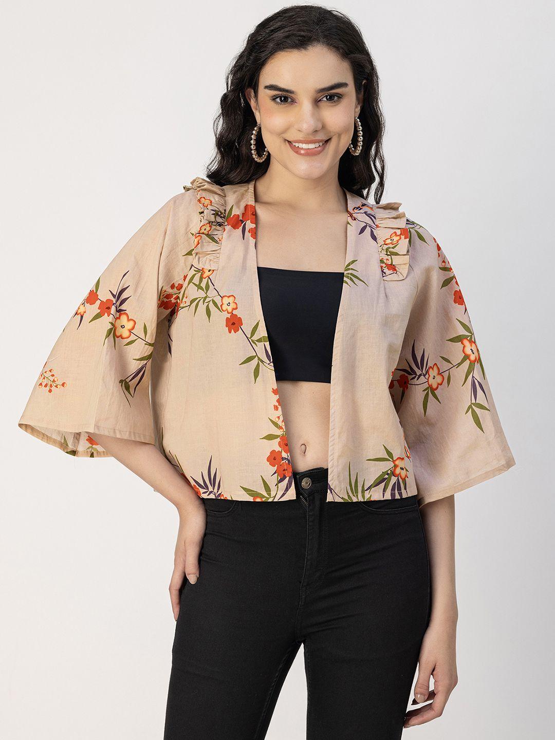 moomaya women beige floral lightweight crop open front jacket with embroidered