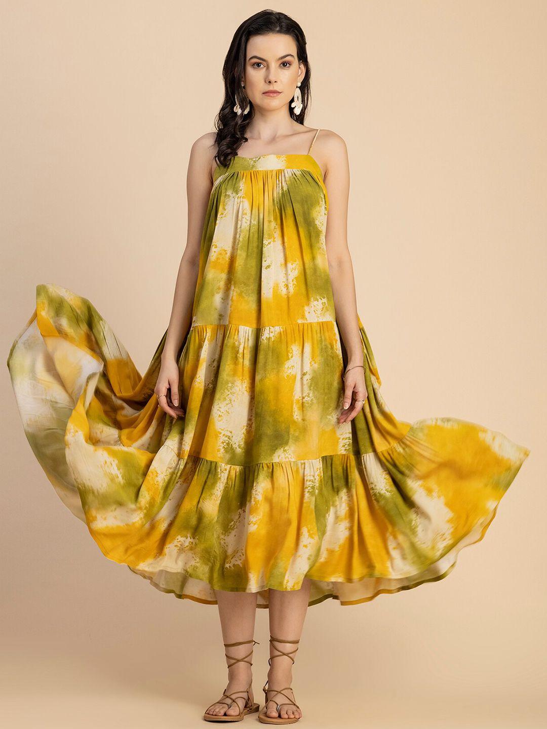 moomaya yellow floral print a-line midi dress