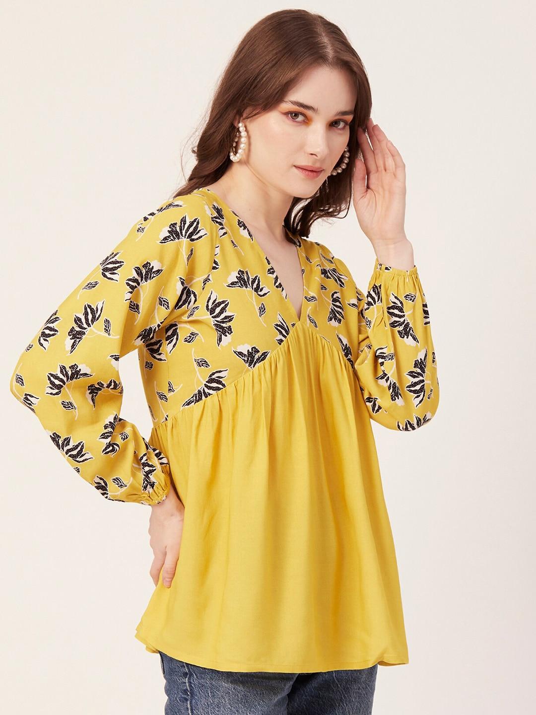 moomaya yellow floral print puff sleeve top