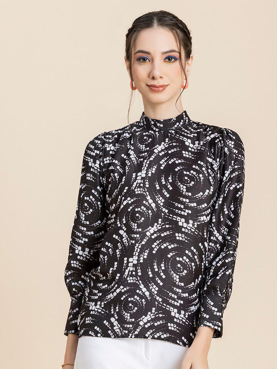 moomaya abstract printed high neck puff sleeves top