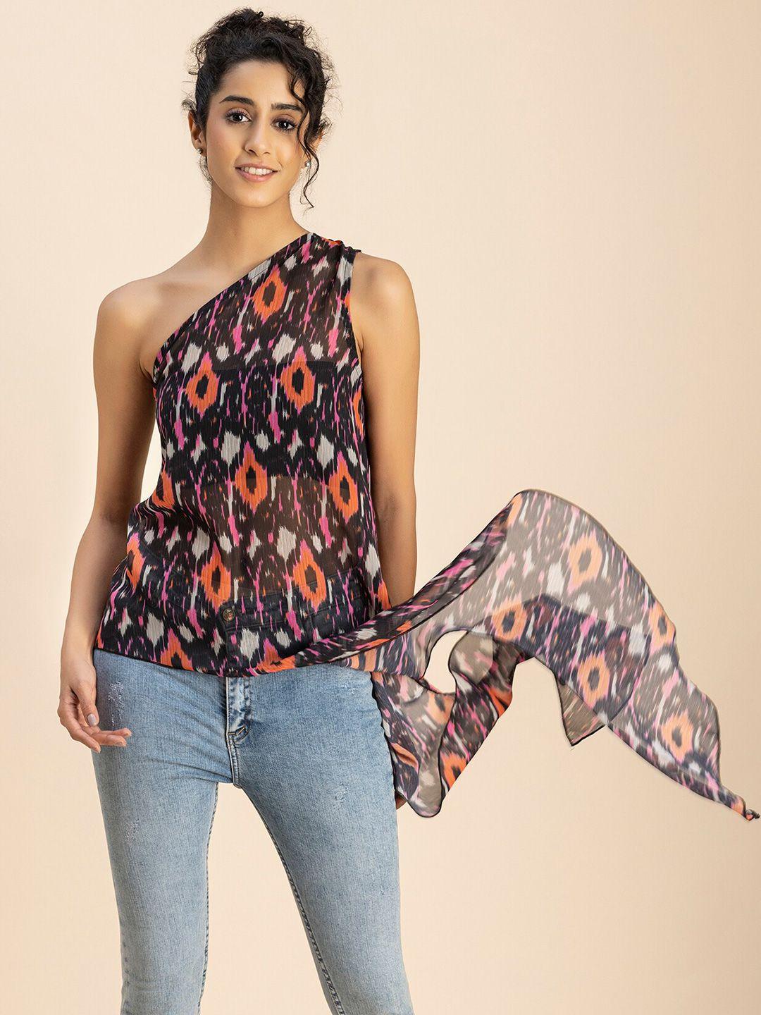 moomaya abstract printed one shoulder sleeveless asymmetric top