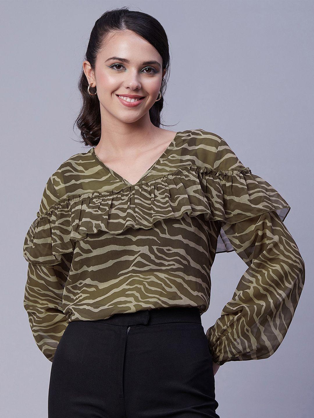 moomaya abstract printed puff sleeves georgette wrap top