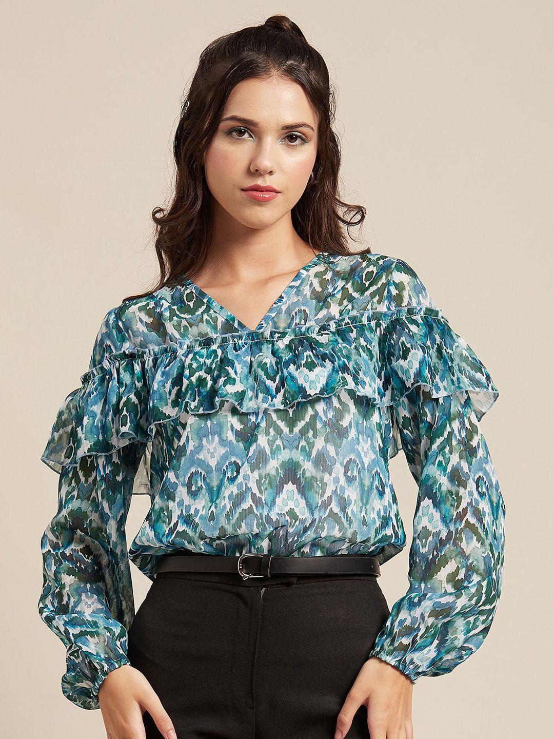 moomaya abstract printed ruffles detail georgette blouson top