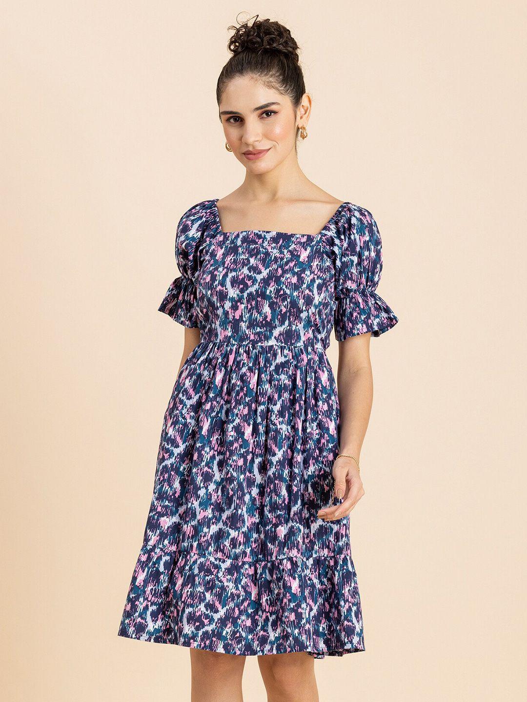 moomaya abstract printed square neck puffed sleeves tie-ups cotton fit & flare dress