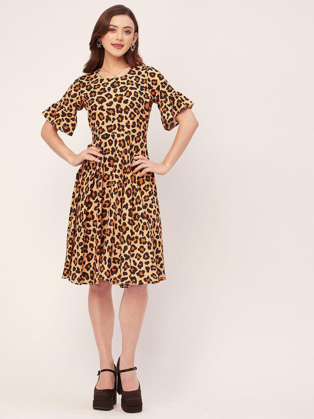 moomaya animal printed round neck bell sleeves fit & flare knee length dress