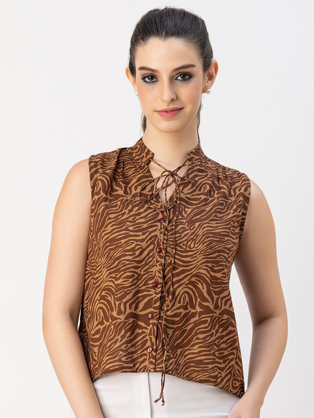 moomaya animal printed sleeveless tie-up neck cotton top