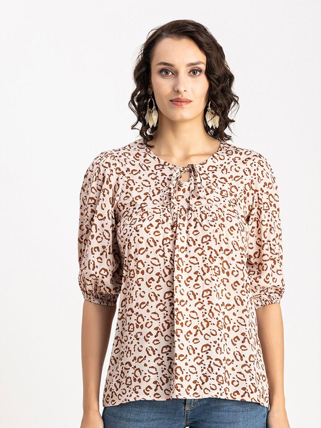 moomaya beige animal print tie-up neck roll-up sleeves top