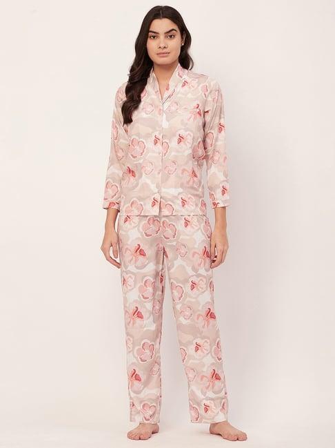 moomaya beige satin floral print shirt with pyjamas