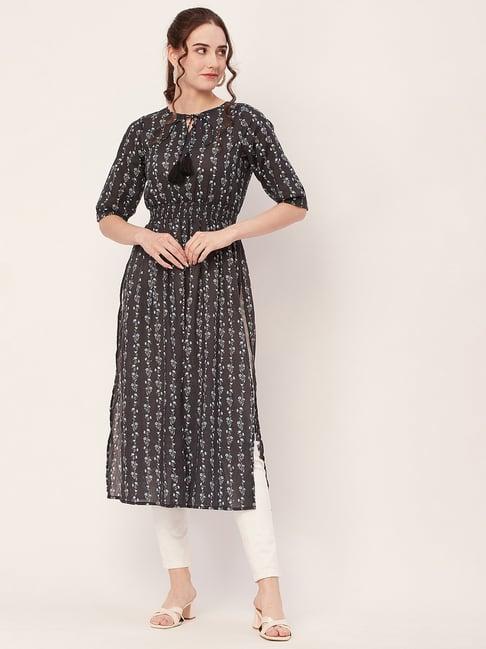 moomaya black & blue cotton printed kurta