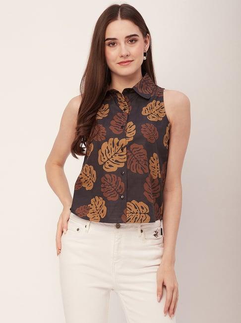 moomaya black & brown cotton printed top