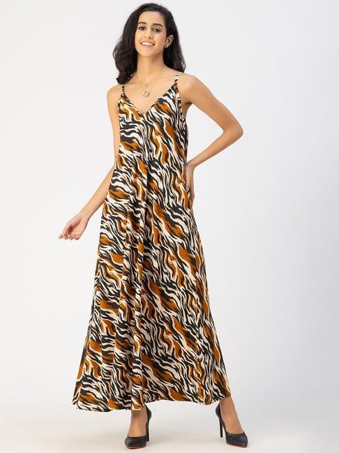 moomaya black & brown printed maxi dress