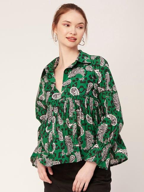 moomaya black & green cotton printed top