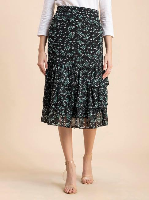 moomaya black & green floral print skirt