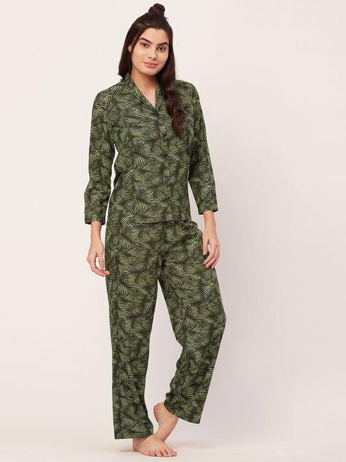 moomaya black & green satin printed shirt with pyjamas