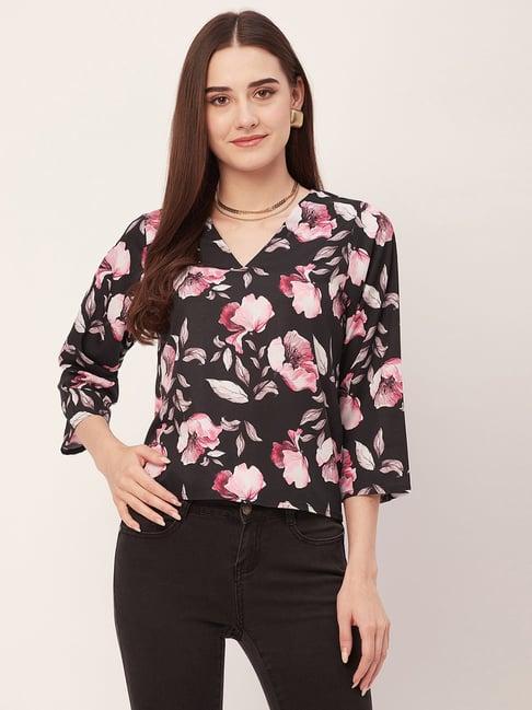 moomaya black & pink floral print top