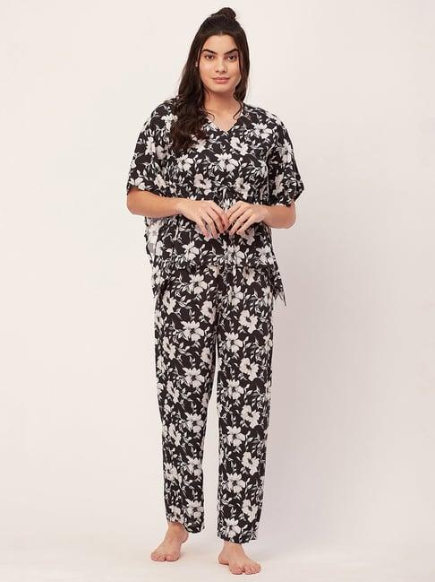 moomaya black & white floral print kaftan top with pyjamas