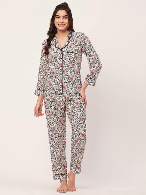 moomaya black & white floral print shirt with pyjamas