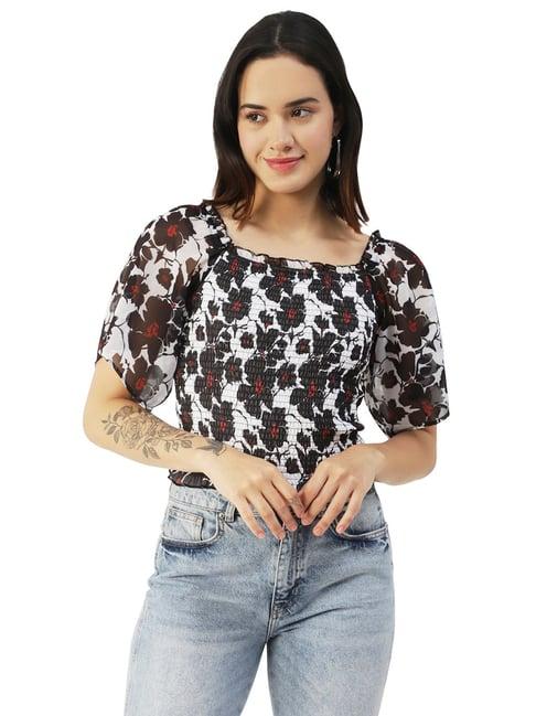 moomaya black & white floral print top